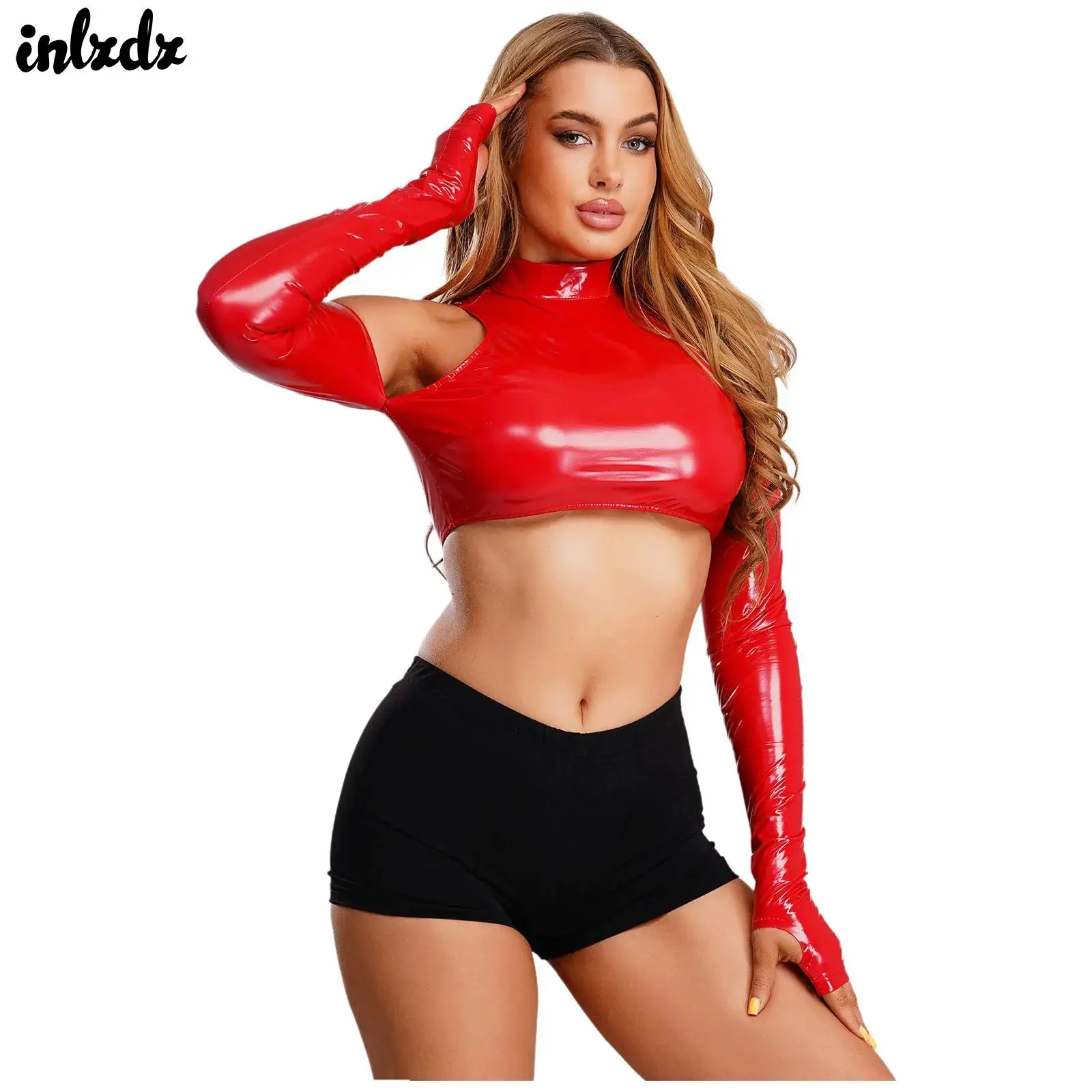 Women Adult Glossy PU Leather Cropped Top Cold Shoulder Hollow Out Long Sleeve Pullover Top Clubwear Rave Music Festival Costume
