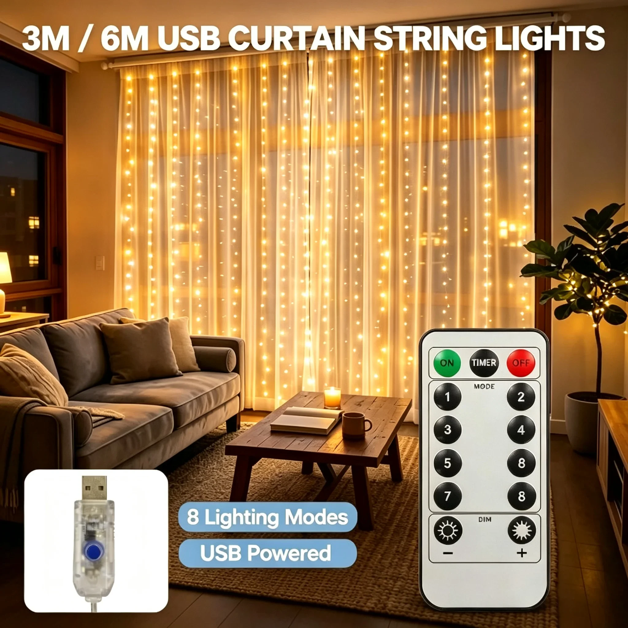 USB LED Curtain Lights with Remote Control, New Year Christmas Fairy Lights for Wedding Birthday Bedroom Party Home Decor