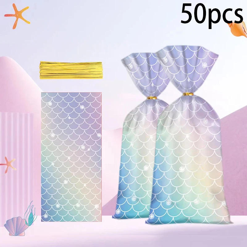 50Pcs Mermaid Tail Candy Bags Maid Scale Plastic Bags For Kids Mermaid Birthday Party Supply Wedding Purple Candy Packaging