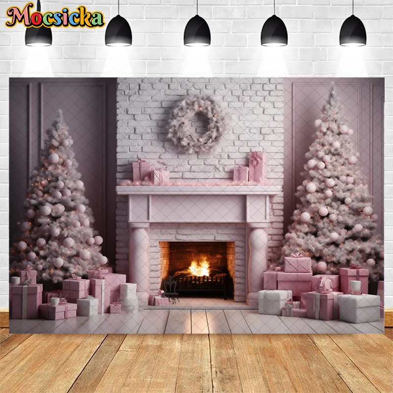 Arrière-plan de photographie de cheminée de Noël rose d'intérieur, toile de fond de portrait de famille pour enfants et adultes, arbre de Noël, boîte-cadeau, accessoires de décoration de couronne