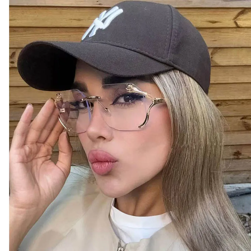 

Большие солнцезащитные очки без оправы с леопардовой головой для женщин, модный дизайн с вырезом для уличного стиля, устойчивые к ультрафиолетовому излучению, тонкие солнцезащитные очки для лица