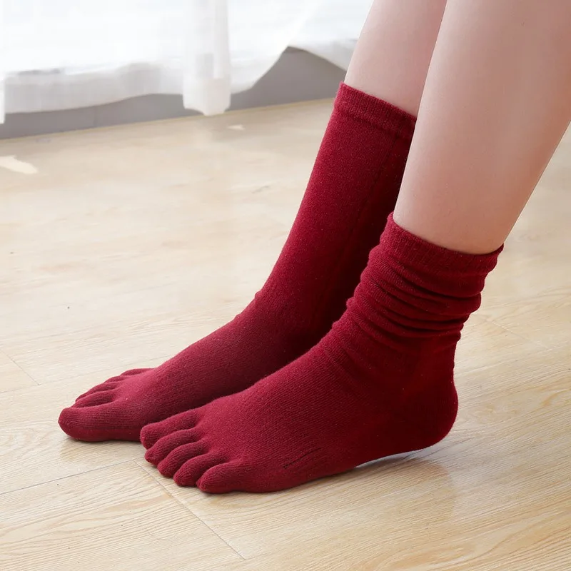 

Solid Color Cotton Long Five Toe Socks Women High Calf Winter Warm Toe Separator Cozy Home Wear
