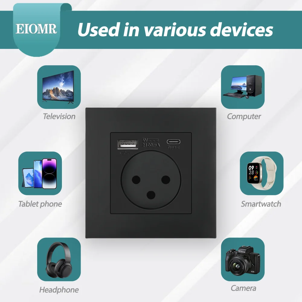 EIOMR Israel Standard USB-A Type-C Wall Socket Light Switch, Black Flame Retardant PC Panel, CAT6 TV Tel HDMI 16A Israel Socket