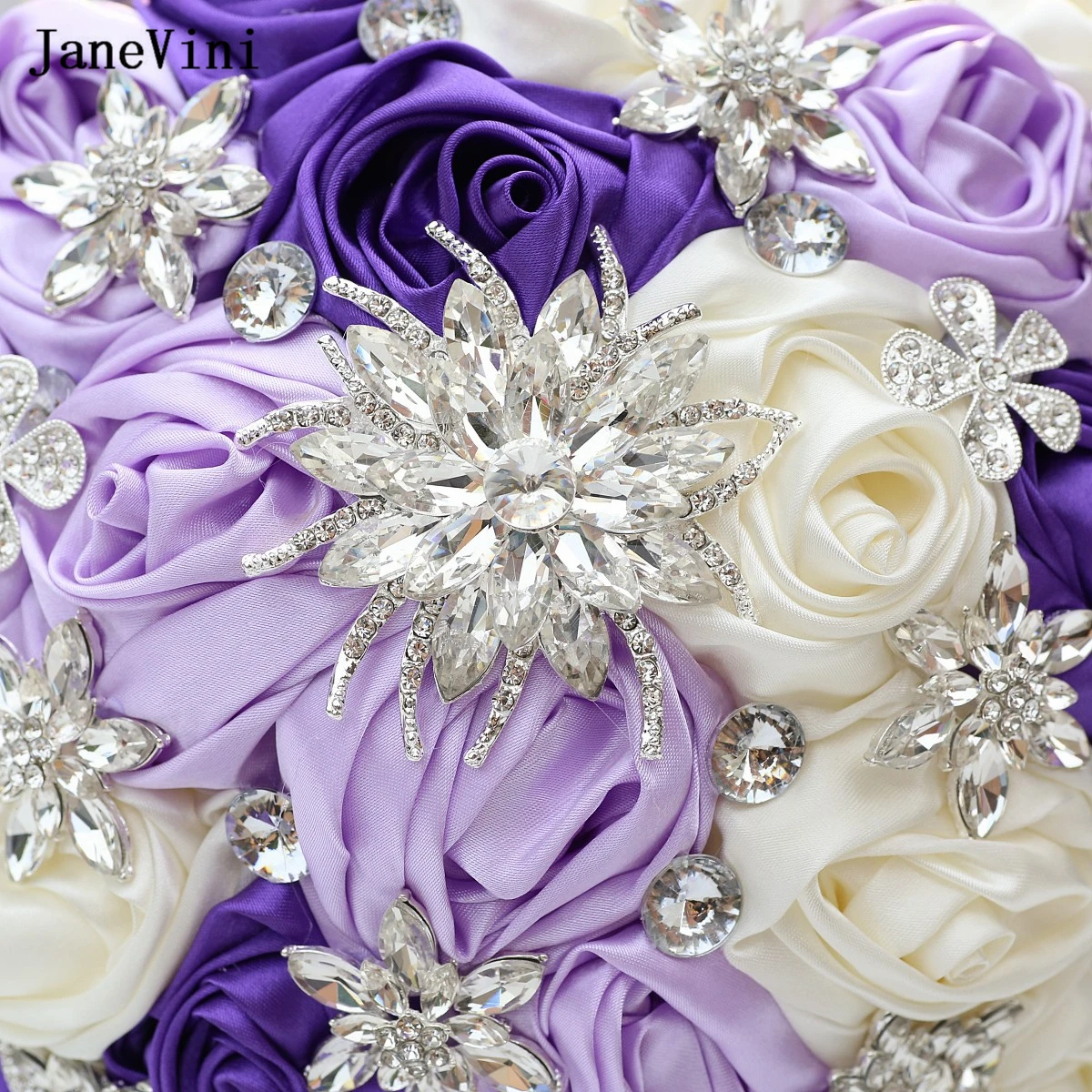 JaneVini 2023 Customized Light Purple Ivory Brooch Bouquet Ribbon Flowers Rhinestone Jewelry Bridal Bouquets Wedding Accessories