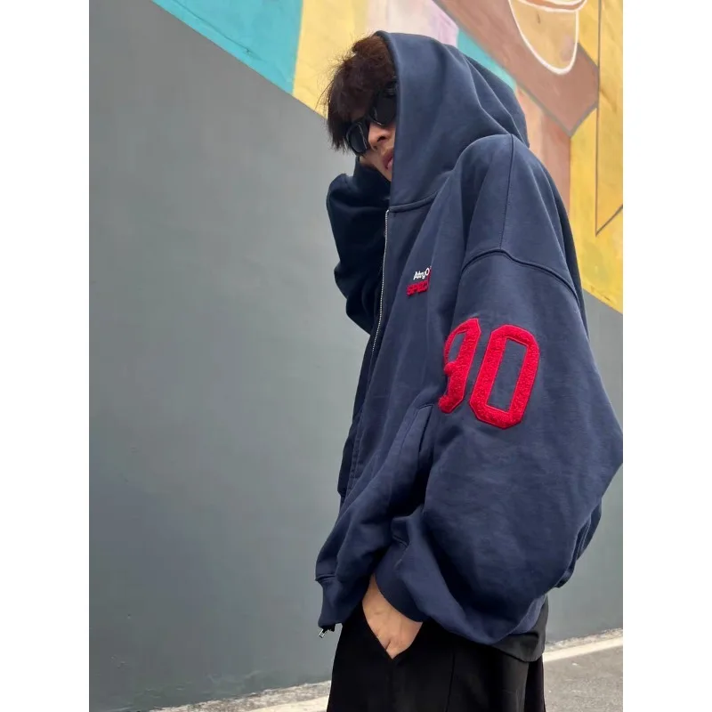 

Retro American Knitted Hat Hoodies Men's Spring Autumn New Oversized High Street Couple Coats Embroidered Cardigan Sweatshirt