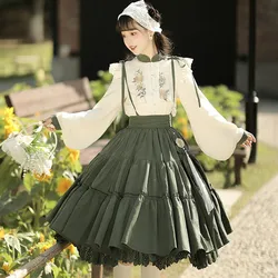Chinese Lolita Dress Set Elegant Vintage Ruffle Lolita Skirt +white Blouse Autumn Winter Cute Retro Idyllic Dress Set