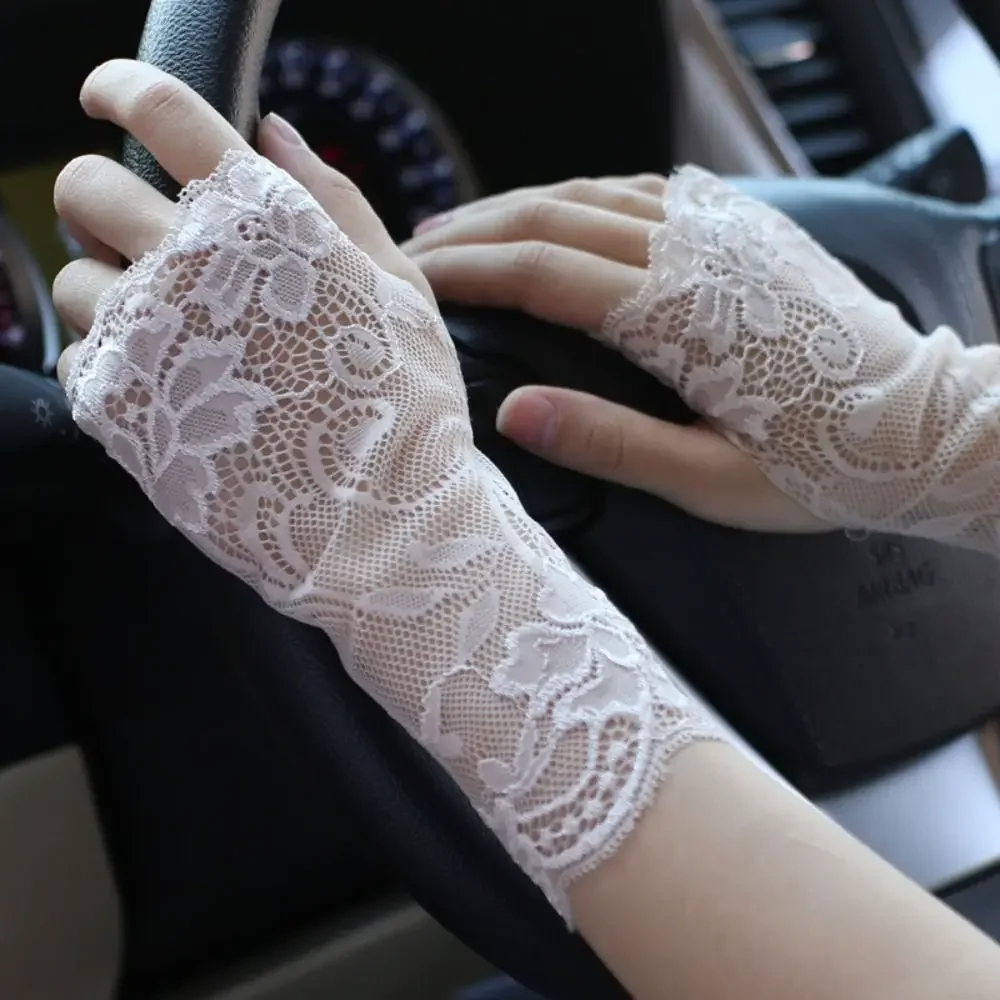 Sexy malha protetor solar metade dedo luvas cosplay renda sexy malha renda fina respirável luvas de renda sem dedos