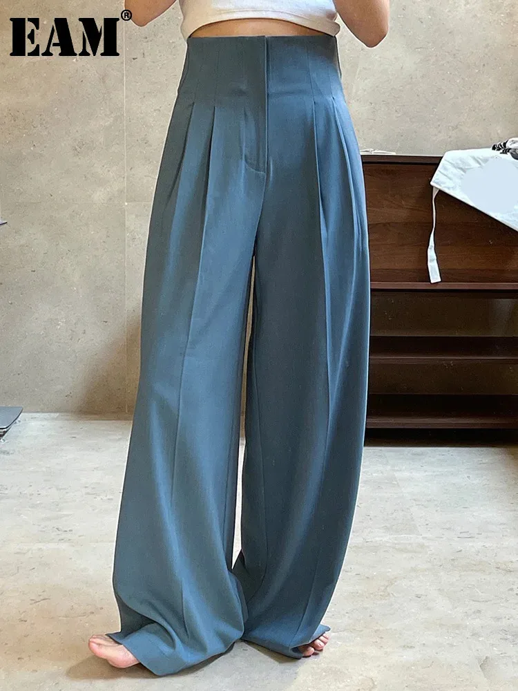 

[EAM] High Waist Blue Pleated Casual Long Wide Leg Pants New Loose Fit Trousers Women Fashion Tide Spring Autumn 2024 1DF4470