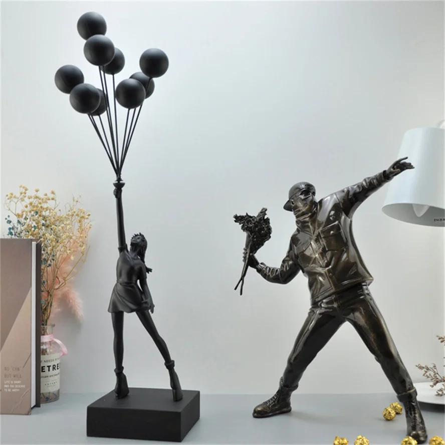 Imagem -04 - Banksy Balão Menina Escultura Figurinhas Decoração de Casa Resina Estátua Voadora Decoração de Luxo Sala de Mesa Presentes