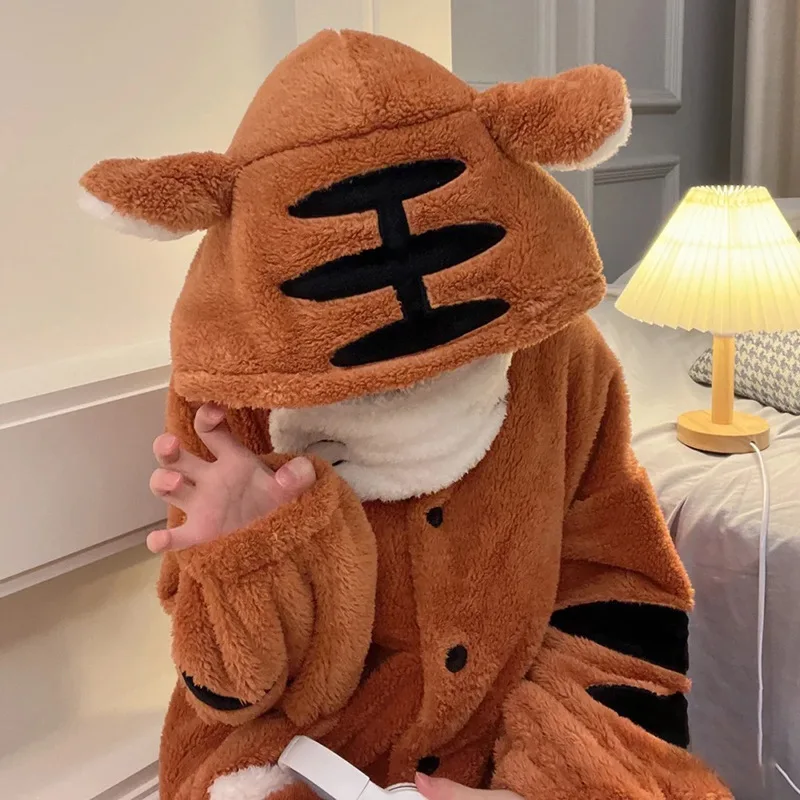 Women Robes Winter Warm Coral Fleece Tiger Warm Nightgown Animal Cosplay Hooded Sleepwear Cute Cartoon Pyjama Homewear Bathrobe