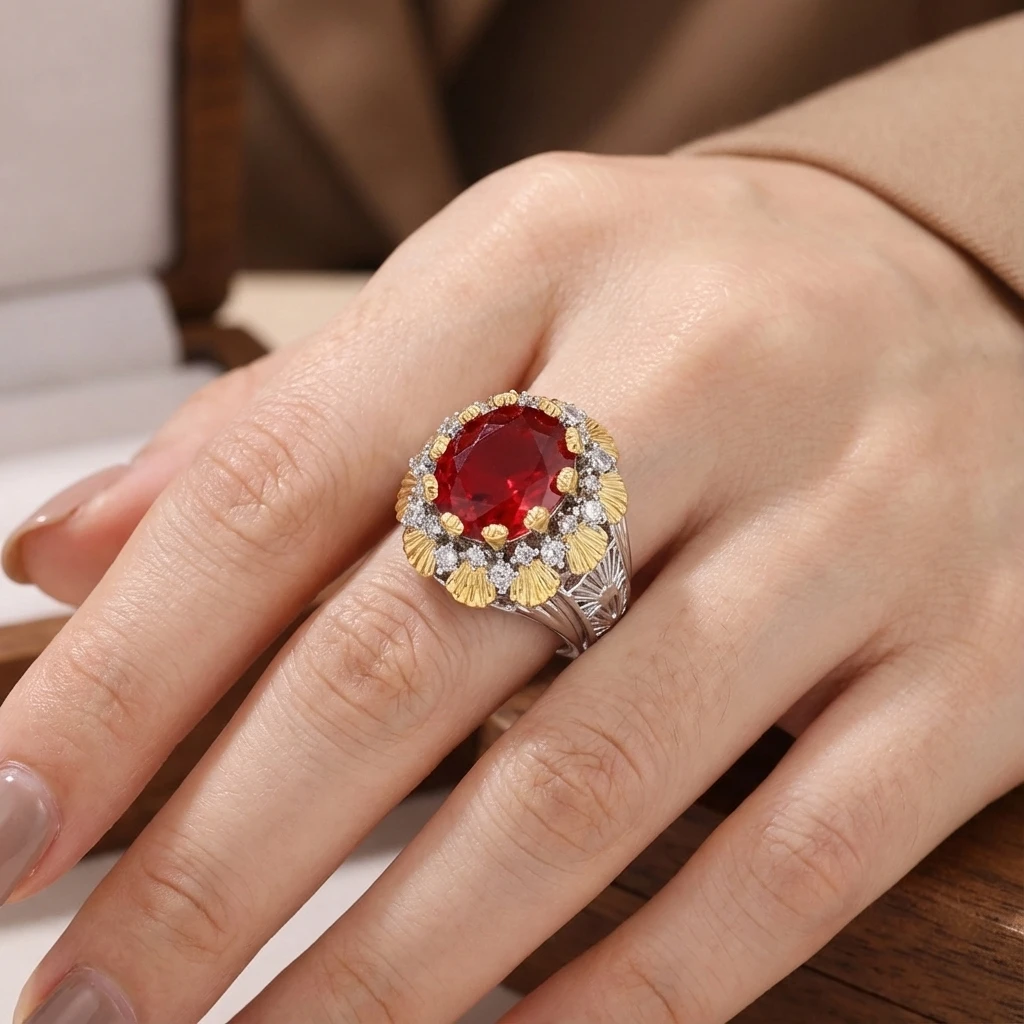 

Luxury Vintage Two-Tone Ruby Ring (Women's Style) Features an oval-cut red zirconia as the center stone Ring Holiday Gift