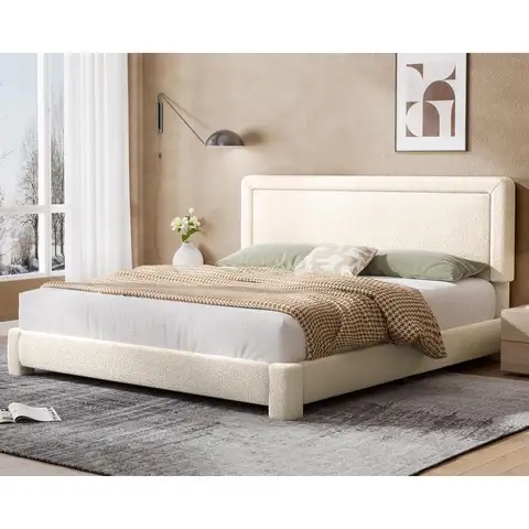 King Size Modern Cream Bed Frame with Adjustable Headboard, Rounded Corners, No Box Spring Needed, Easy to Assemble