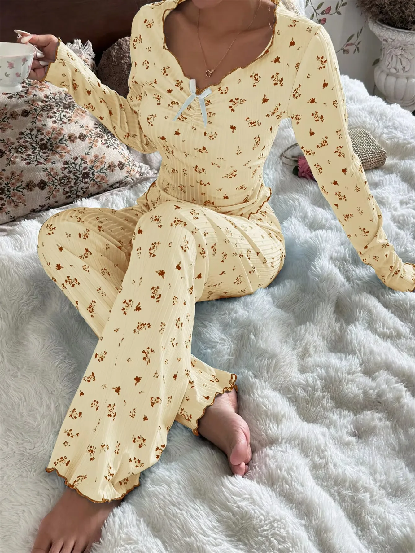 Women's Floral Print Pajamas Set Long Sleeve Top And Trousers Sleepwear 2 Piece Set Casual Breathe Loungewear Femme Ensemble Nig