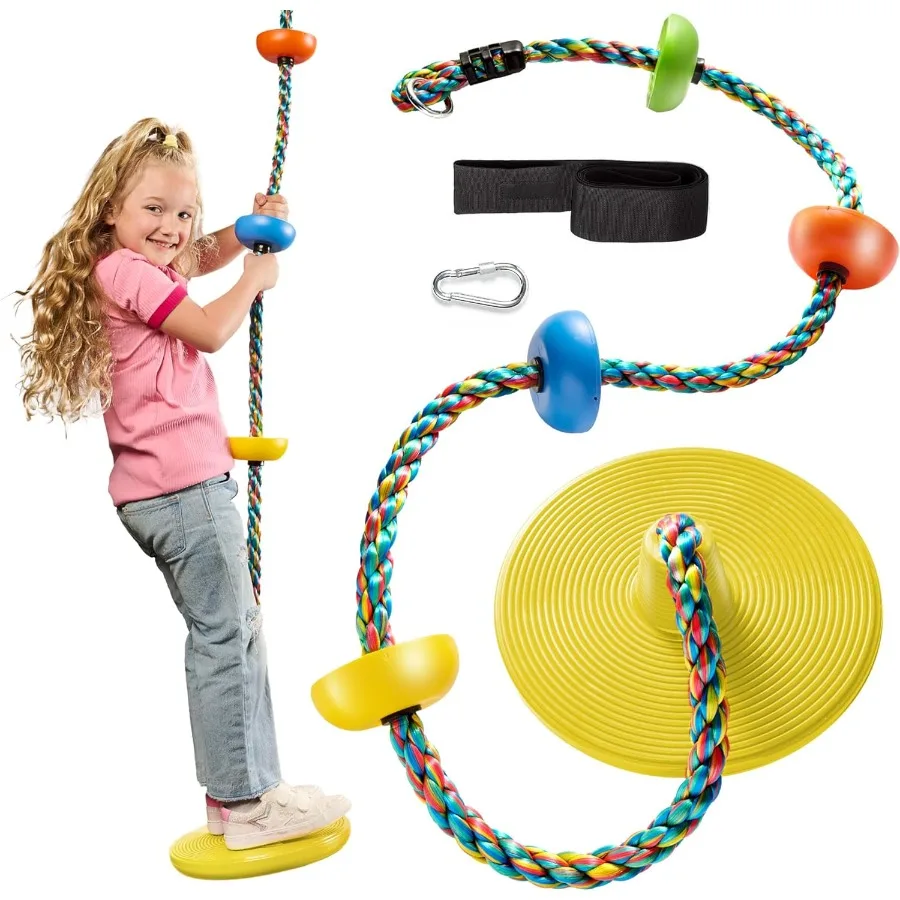Balanço de árvore para assento de disco único e conjunto de corda de escalada arco-íris com mosquetão e alça de 2,6 pés, casa de árvore e playground ao ar livre A