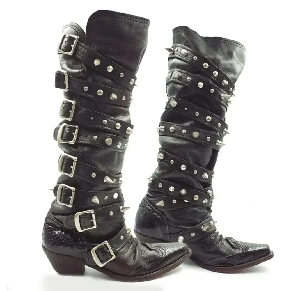 

Rivets Knee High Boot Shoes High Quality Wasteland Punk Y2k Gothic Style Vintage Women Motorcycles Western Boots Size 35-40