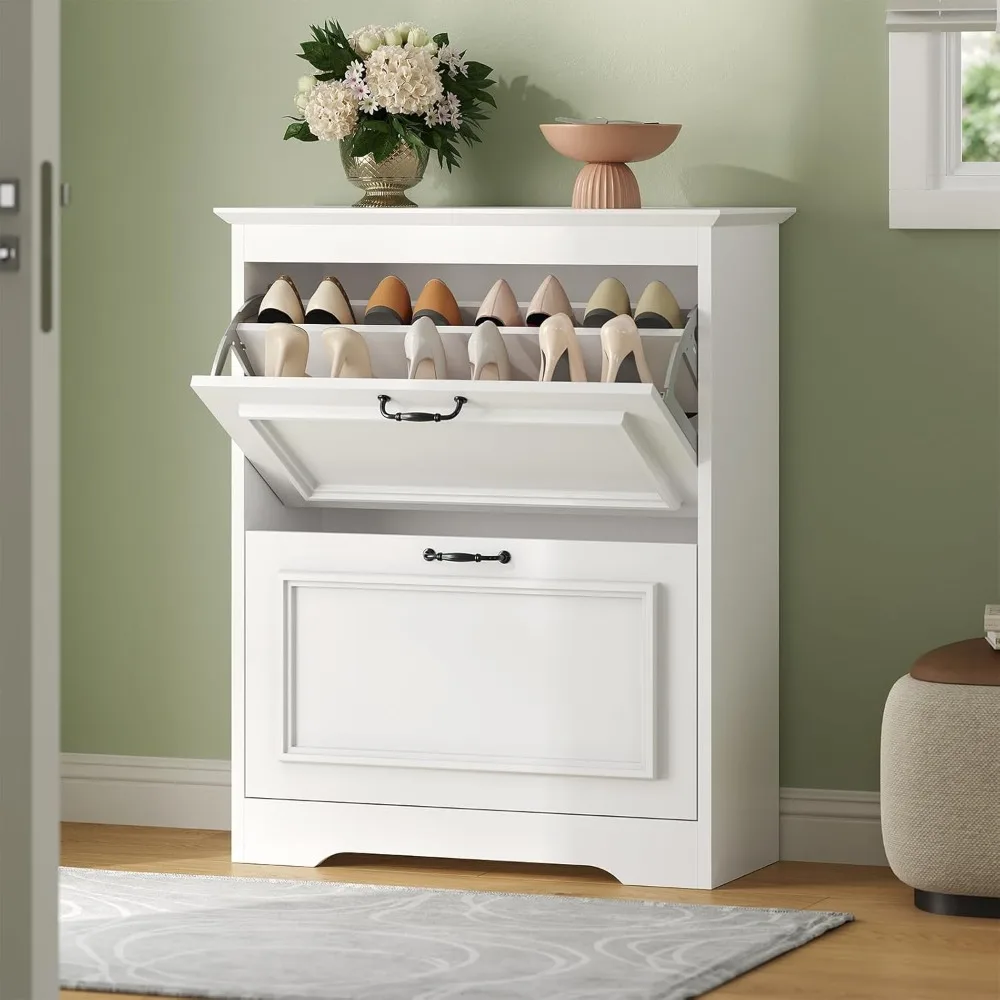 

Shoe Cabinet with 2 Flip Drawers, Shoe Storage Cabinet with Metal Flip Stand, Back Dust Plate, Hidden Shoe Rack Cabinet,