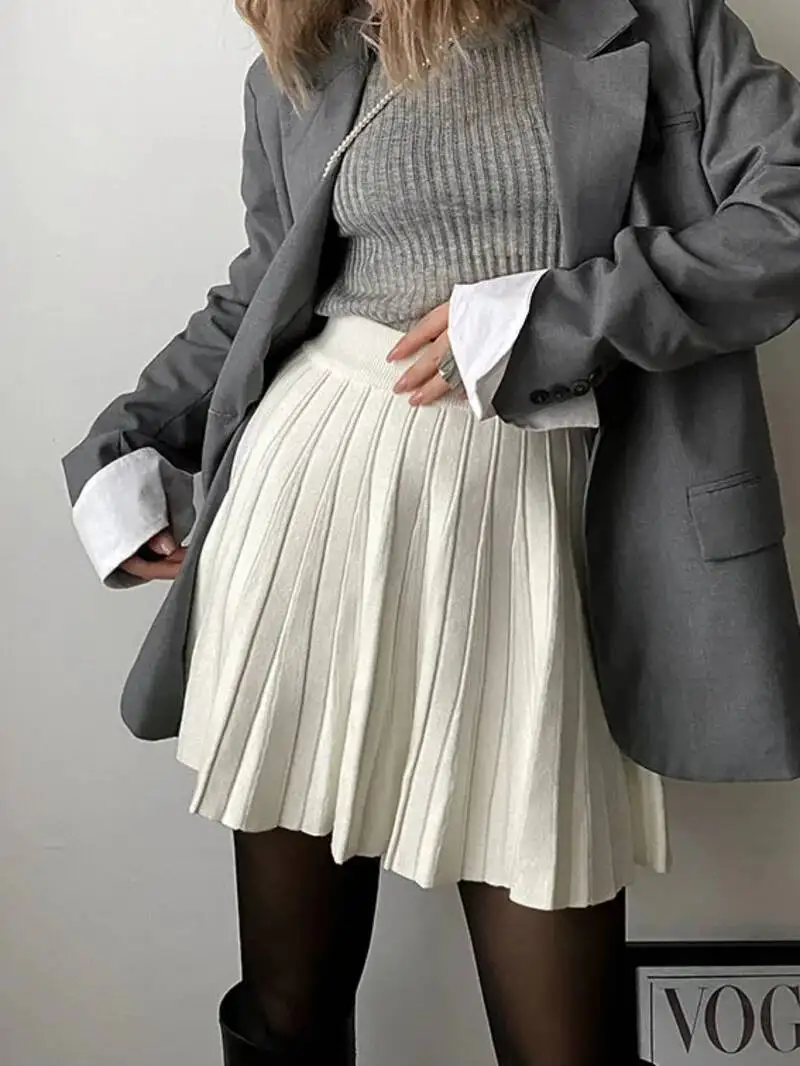 

Весенние вязаные белые мини-юбки с плиссировкой для женщин, серые короткие плиссированные юбки А-силуэта с высокой талией, корейская мода SQIX