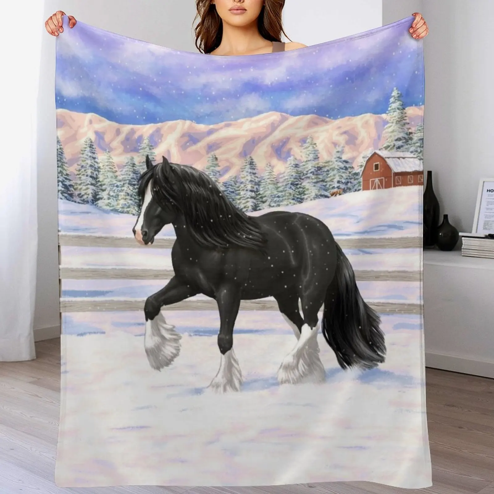 

Black & White Gypsy Vanner Draft Horse In Snow Throw Blanket Anti Shedding Soft Fuzzy Blanket for Home