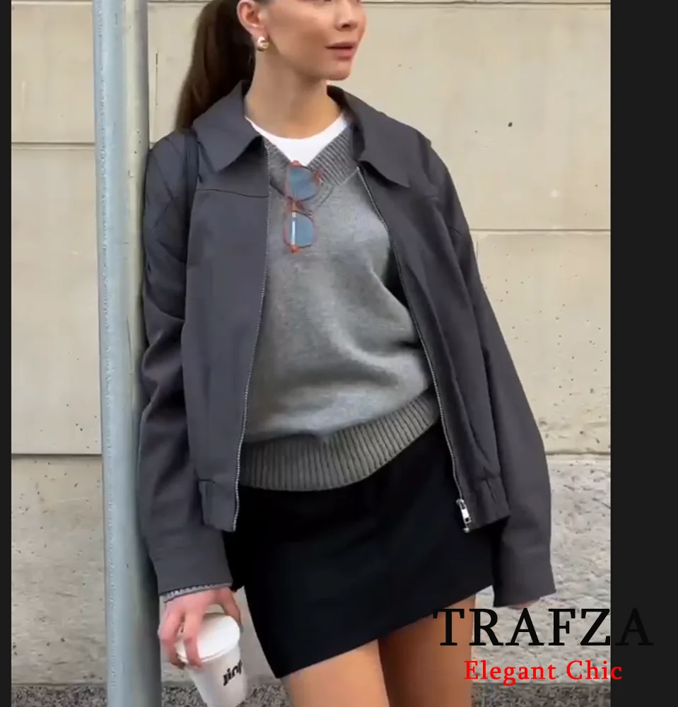 TRAFZA-Women Fashion Executive Jacket Lapel Zipper Solid Jacket New 2024 Spring Autumn Casual Versatile Female Formal Jacket