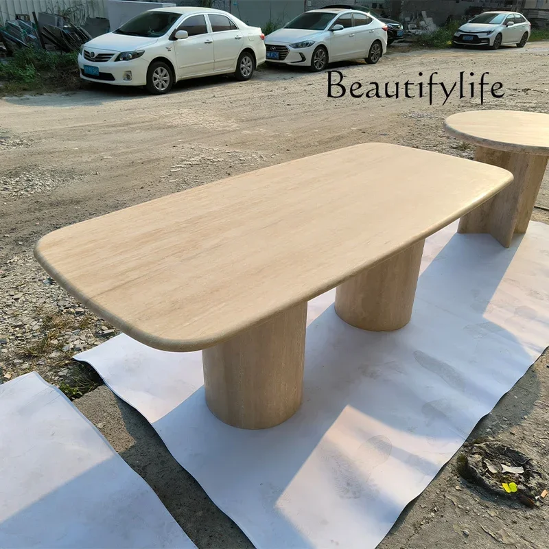 O10 Natural Travertine Dining Table Rectangle Restaurant Designer Marble Dining Table Italian Western Custom Table