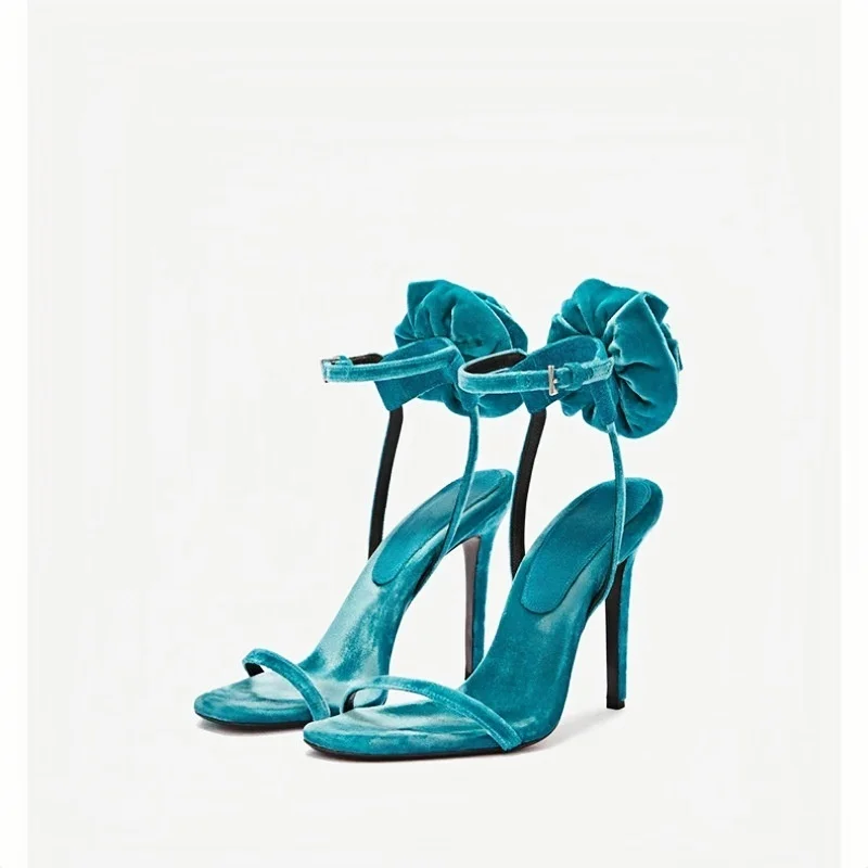 Women's Teal Velvet Heels 3D Rose Ankle Detail Design Sandals Stiletto Heel Ankle Strap Elegant Vintage Ladies Luxurious Shoes - view 4