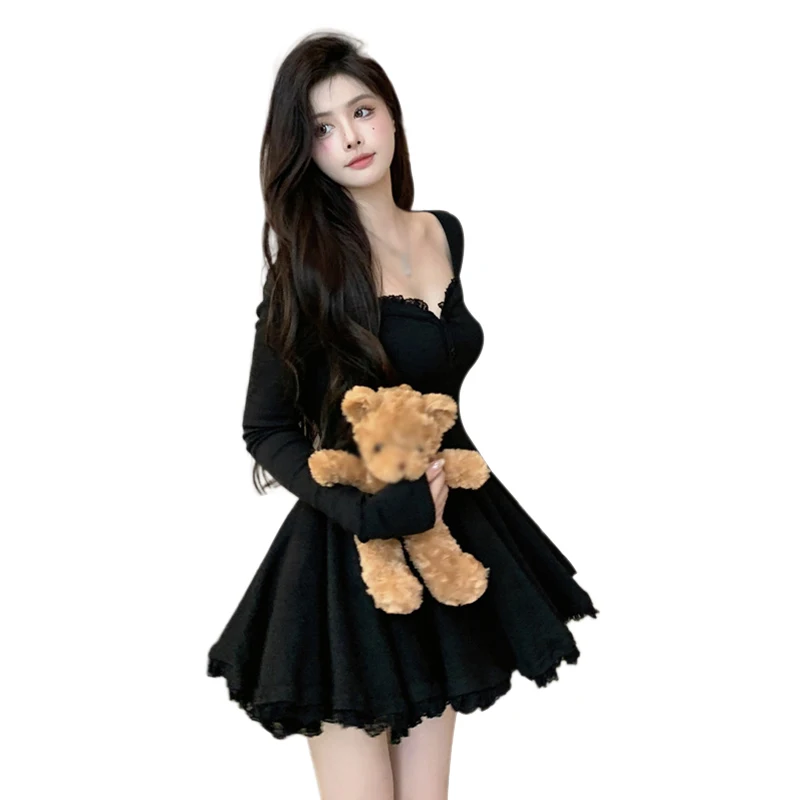 Sexy Korean Dress French Style Waist Closed Long Sleeve Collarbone Exposed Sweet