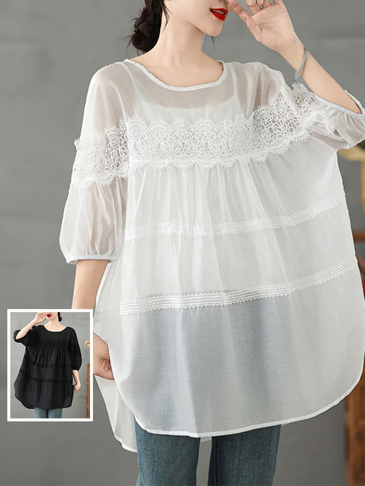 

Антивозрастная кружевная футболка-фонарь Све, большой размер, женский повседневный круглый топ средней длины Ne Meat Concealing