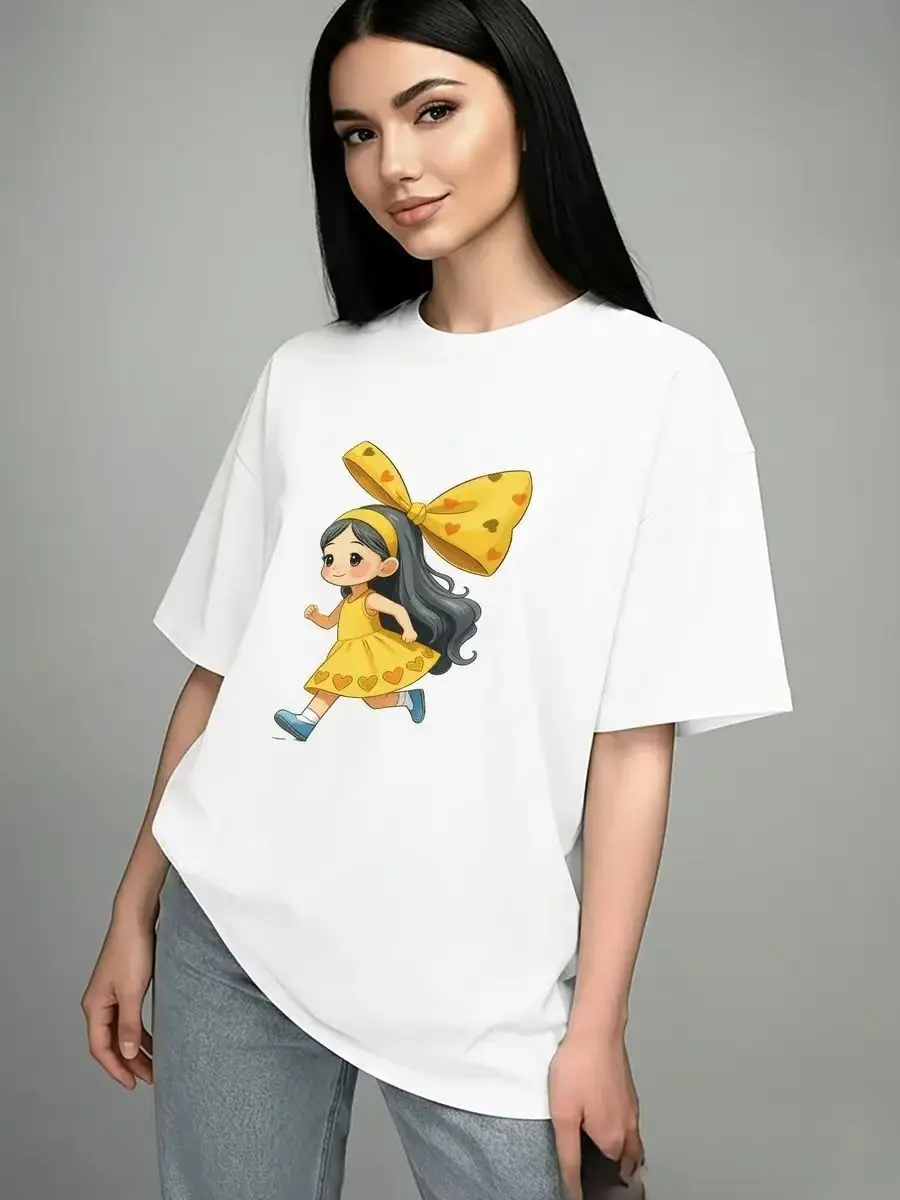 Cotton Short Sleeved T-shirt Cartoon Fun Age Reducing and Comfortable Little Girl Printed Outerwear Concealing Preppy Style Lady