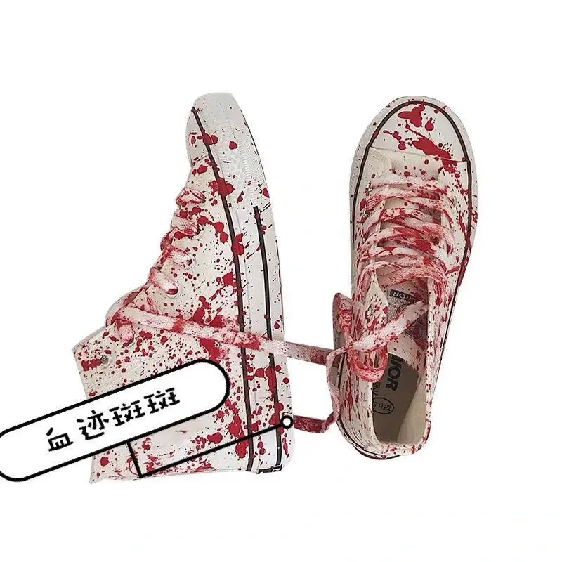 Unisex Males Graffiti Fake Blood-stained Canvas Sneakers High top Red stylish Vulcan Boots