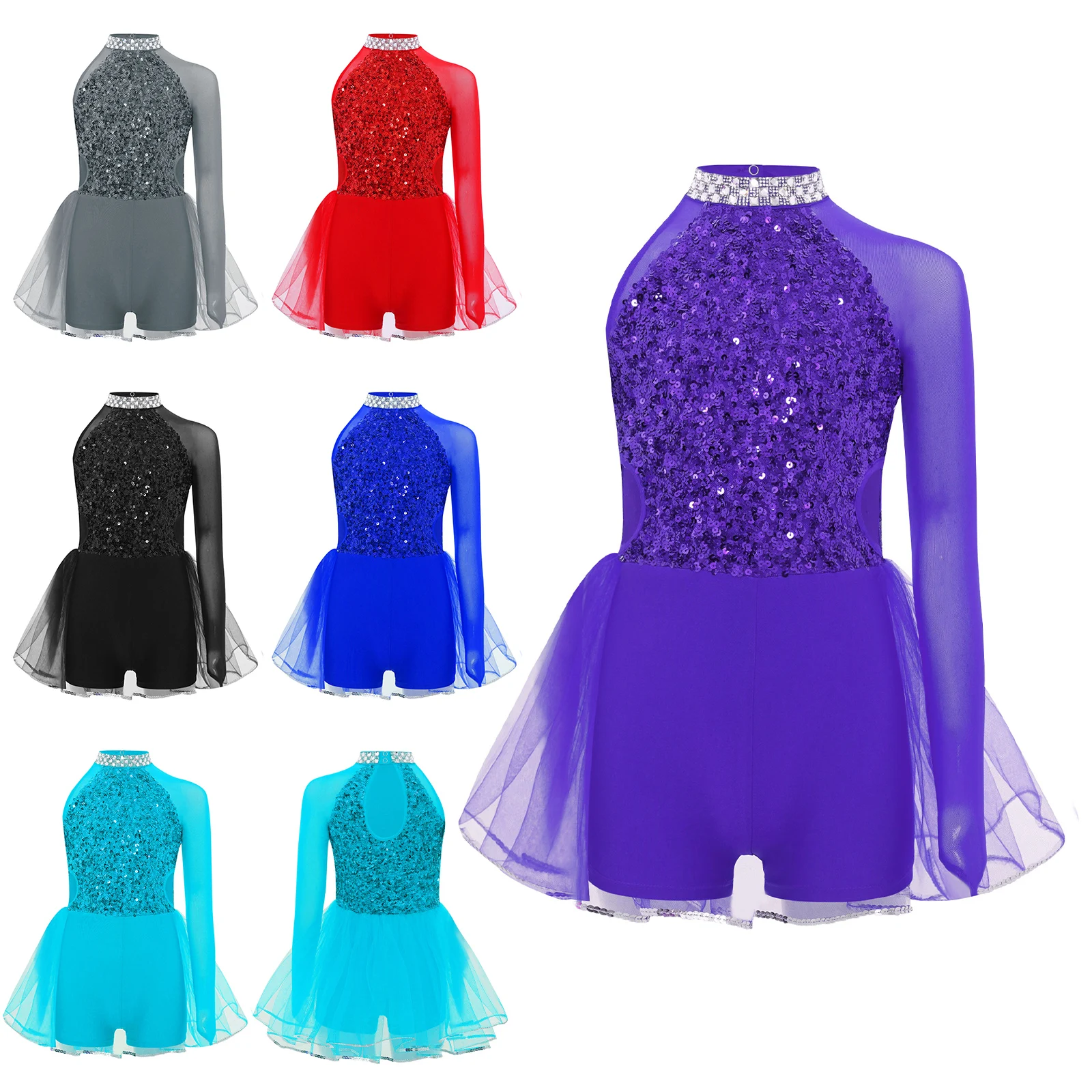 Costume da ballo latino per ragazze per bambini, corpetto con paillettes scintillanti, body con gonna in tulle, tuta da ginnastica lirica, abbigliamento da ballo jazz
