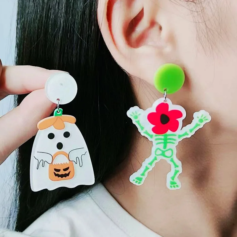 Creative Halloween Acrylic Earrings Ghost Handheld Pumpkin Lantern Flower Skeleton Personalized Earrings Halloween Jewelry