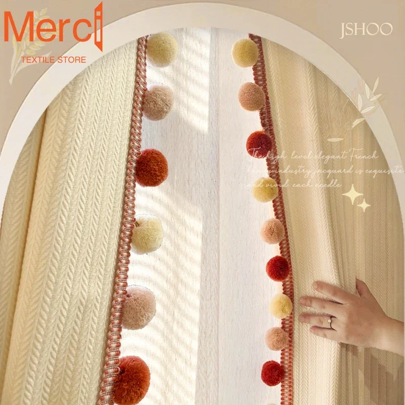 French Wheat Ear Pattern Cream Style Splicing New Large Fur Ball Retro Curtains for Living Dining Room Bedroom Blackout Custom