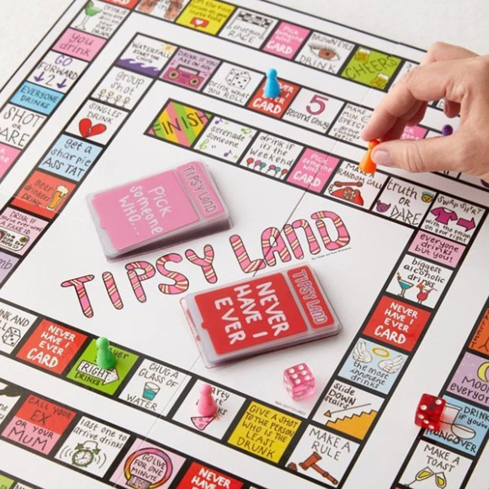 Tipsy Land-juegos para beber, tablero de cumpleaños, despedida de soltera, juegos para beber de noche, tablero de juegos para beber divertido y moderno