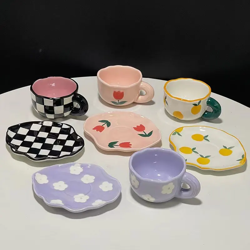 

Hand-painted tulip flower checkerboard format porcelain cup with irregular saucer set