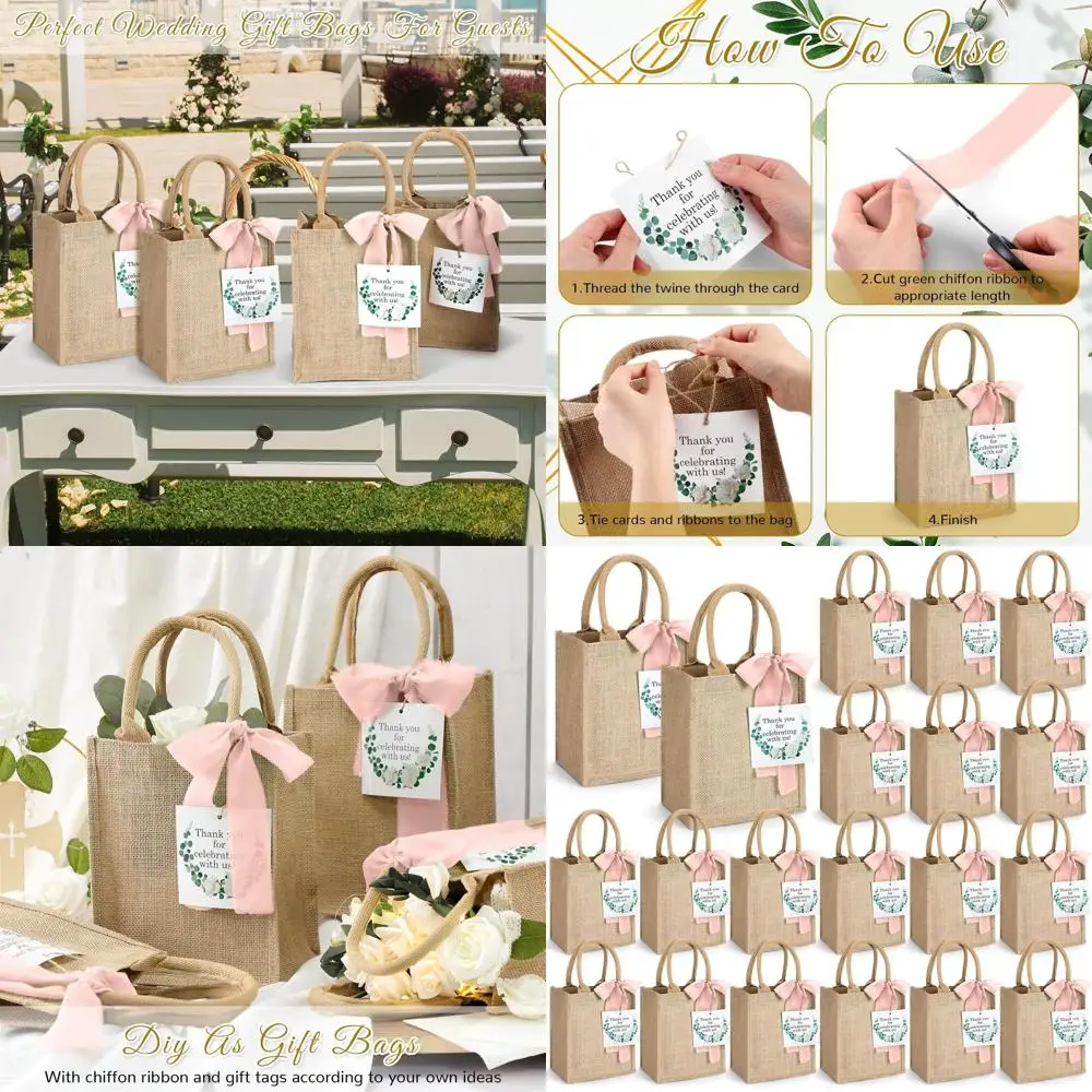 

Набор из 20 многоразовых джутовых сумок с ручками, идеально подходящих для свадебных приглашений, вечеринок, детских праздников и подарков подружкам невесты (розовый)