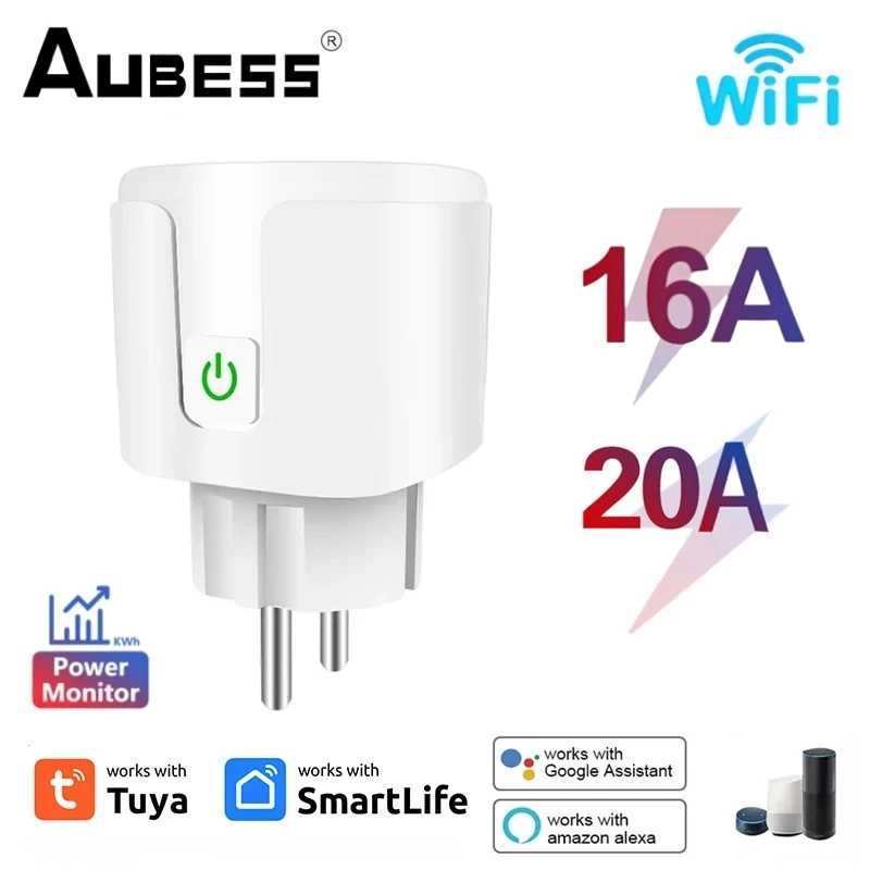 1-10pcs Aubess 16/20A Tuya Smart WIFI Plug SmartLife Wireless Remote Control EU Socket Smart Home Automation For Alexa Google