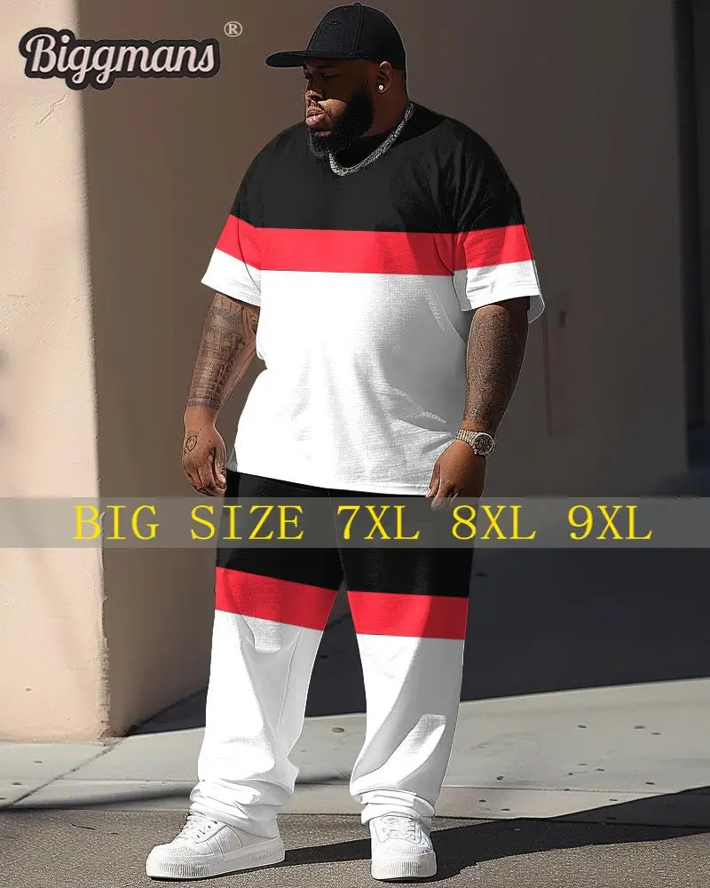 Biggmans L-9XL Plus Size T-Shirt Set Street Vitality Red And Black O-neck Short sleeved Pants Colorblock Print Large Men\'s Suit