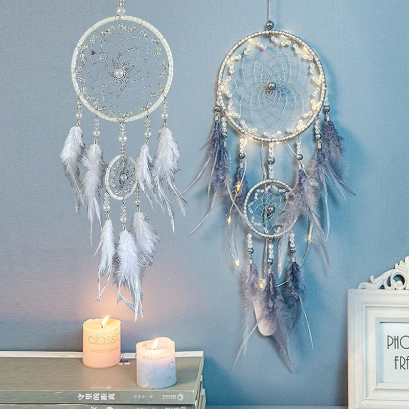 Gray two-ring dream catcher wall decoration, ins style home furnishing, creative gifts.