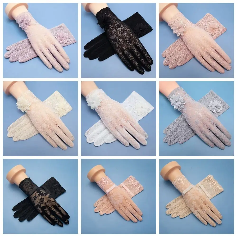 Fashion Ice Silk Sunscreen Gloves Bow Tie Snow Lotus Lace Gloves Mesh Breathable Sun Protection Gloves Female/Lady