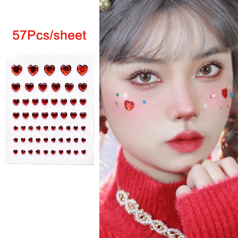 

57Pcs/sheet Heart Rhinestone Face Jewels Stickers 3D Multicolor Self-Adhesive Gems For DIY Festival Party Eye & Face Makeup Deco