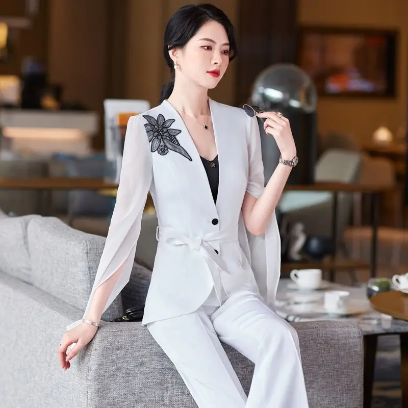 Embroidery Split Sleeve Designer Women Blazer Pants Skirt Set Belt V Neck Buttons Jackets Oversize 5XL Slim Formal Splicing Coat