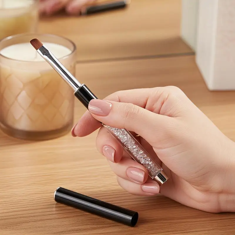 Professional Flat Round Head Nail Art Brush, Non-slip Glitter Handle with Protective Cap for Home & Commercial Salon