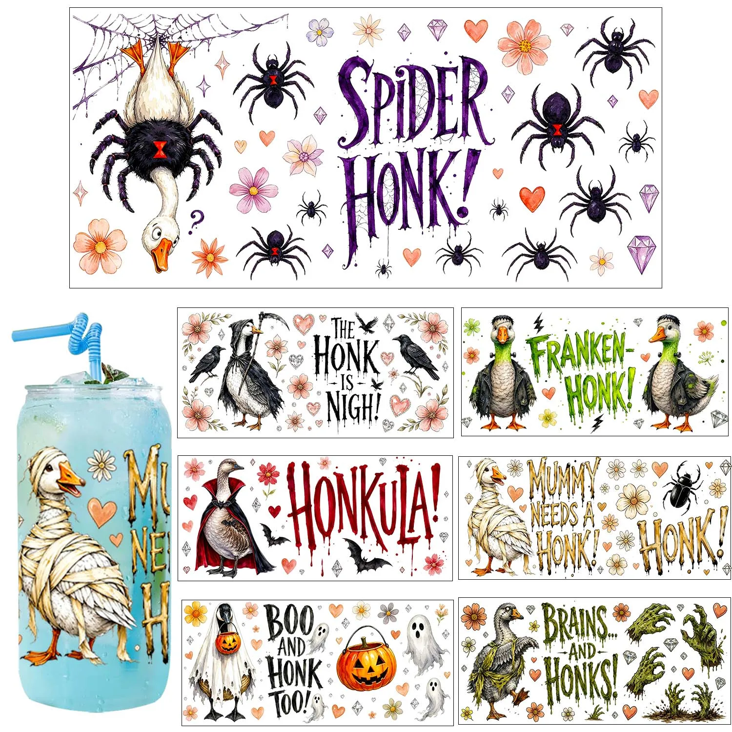 Funny Goose Halloween Vibe UV DTF Transfer Sticker Waterproof DIY Decals 3D Transfers UVDTF Sticker 16oz UV DTF Cup Wraps