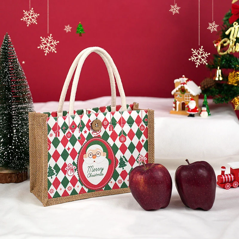 Christmas Tote Bag Santa Claus Prints Large Capacity Jute Handbag Female Eco-Friendly Shopping Christmas Gift Handbag