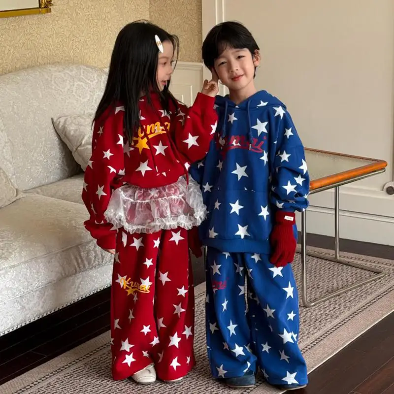2026 Autumn New Children Long Sleeve Clothes Set Boys Girls Hooded Print Sweatshirt + Pants 2pcs Suit Kids Casual Outfits