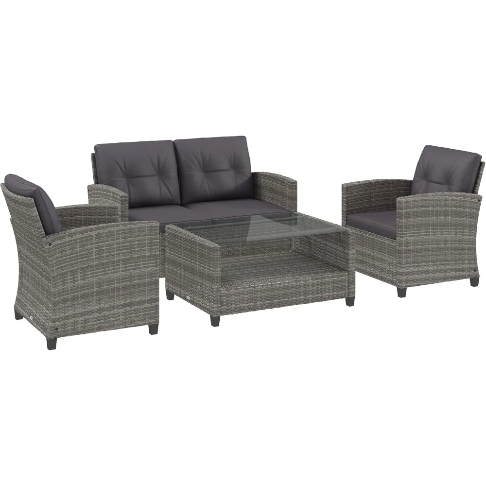 

Наборы мебели для патио из 4 предметов с подушками, плетеные стулья из полиэтилена из ротанга с двухъярусным журнальным столиком для крыльца на заднем дворе Ga