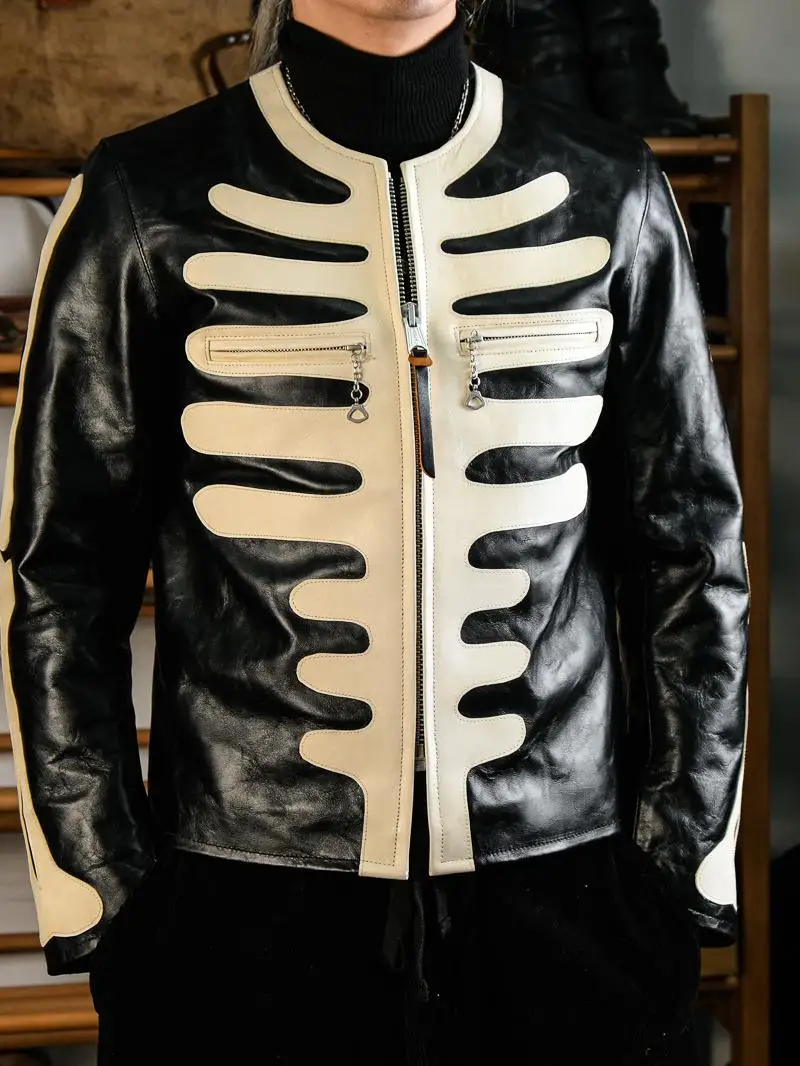 

Hanrted Skull Design Leather Jaet Simons Bla Wide American Sle Retro Motorcycle hide Faion Urban Youth Casual