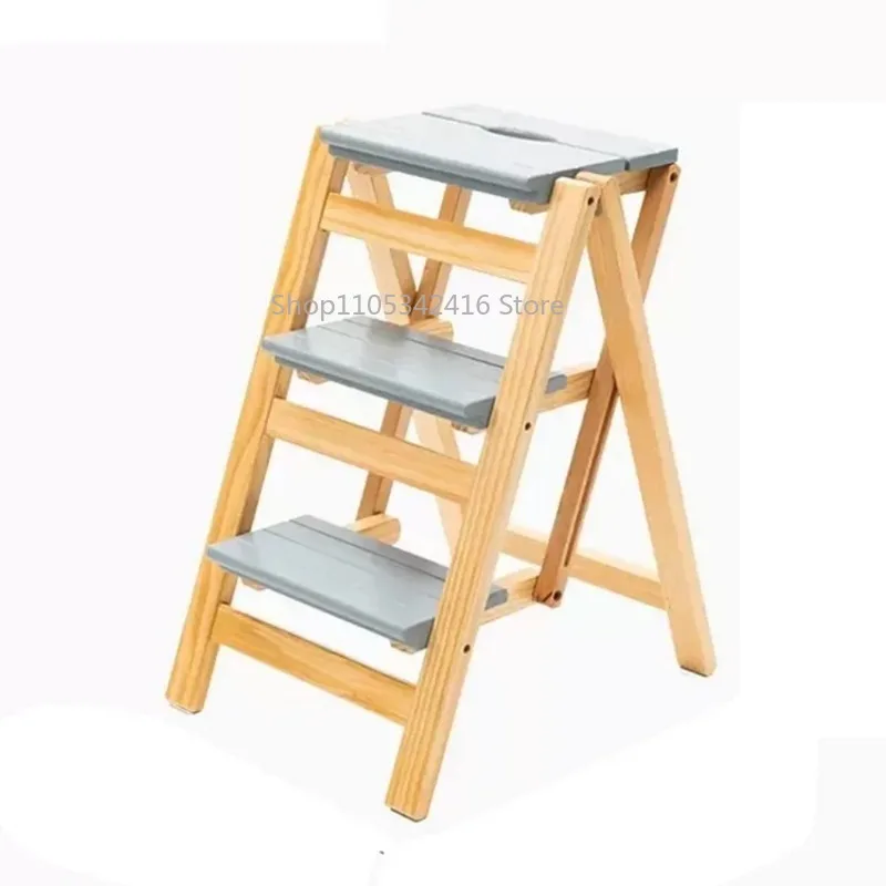 Foldable 3 Step Stool Light Wood Structure Heavy Duty Support with Handgrip Safe Ladder Tool for Daily Home Indoor Use