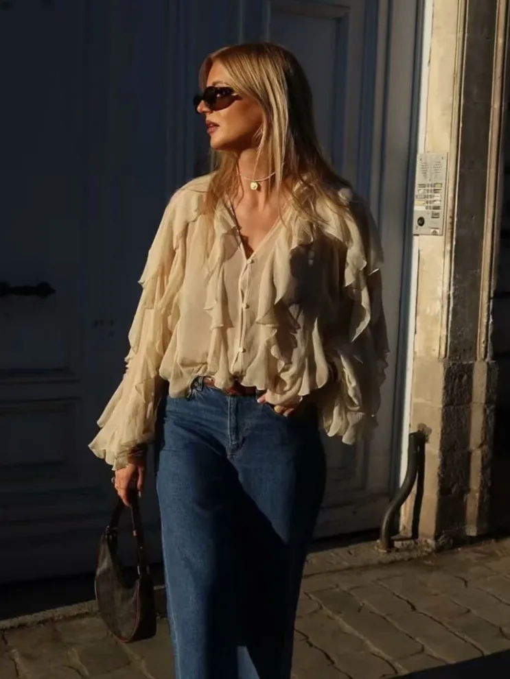 Elegant Solid Ruffles Chiffon Thin Shirts for Woman 2025 Spring New V Neck Long Sleeved Buttons Blouse Fashion Office Lady Tops