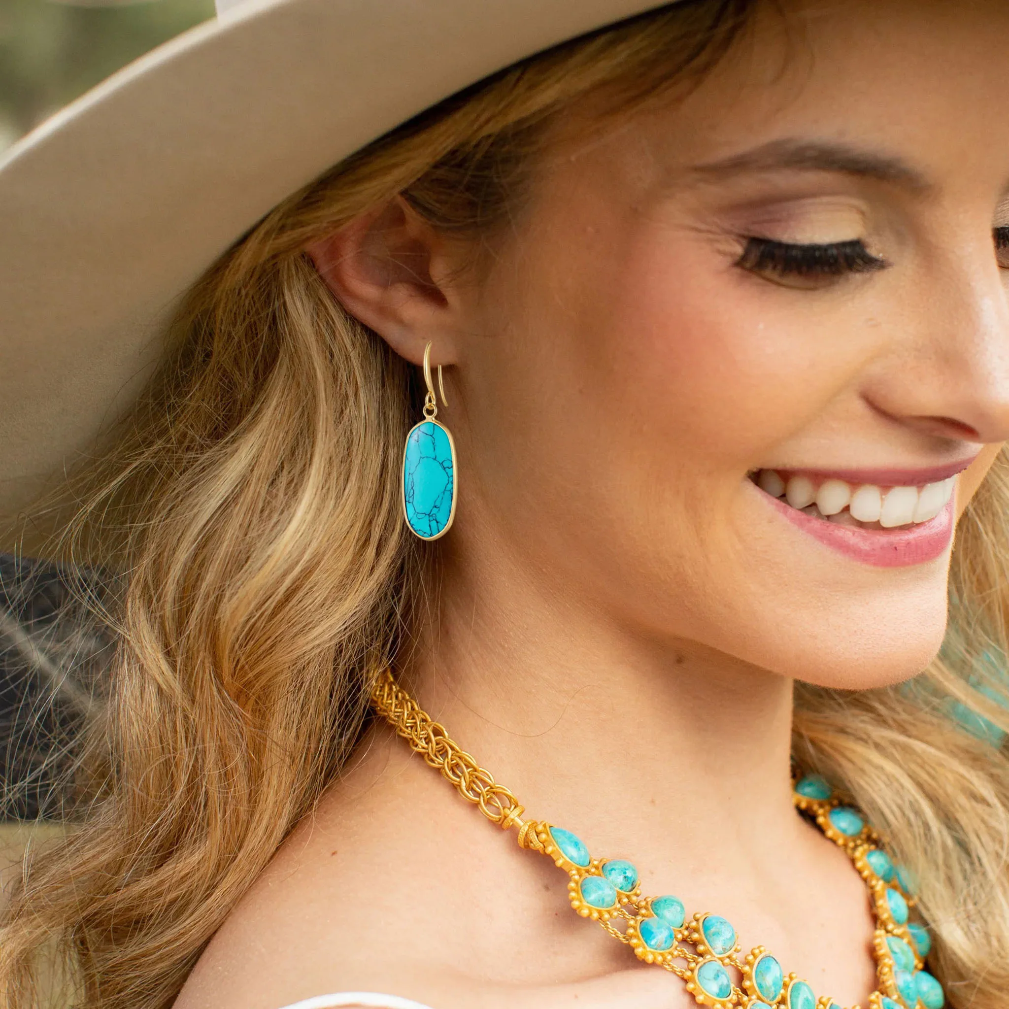 Real Turquoise Earrings for Women-14k Gold Plated Dangle Earring Genuine Natural Turquoise Stone Jewelry for Western Cowgirl